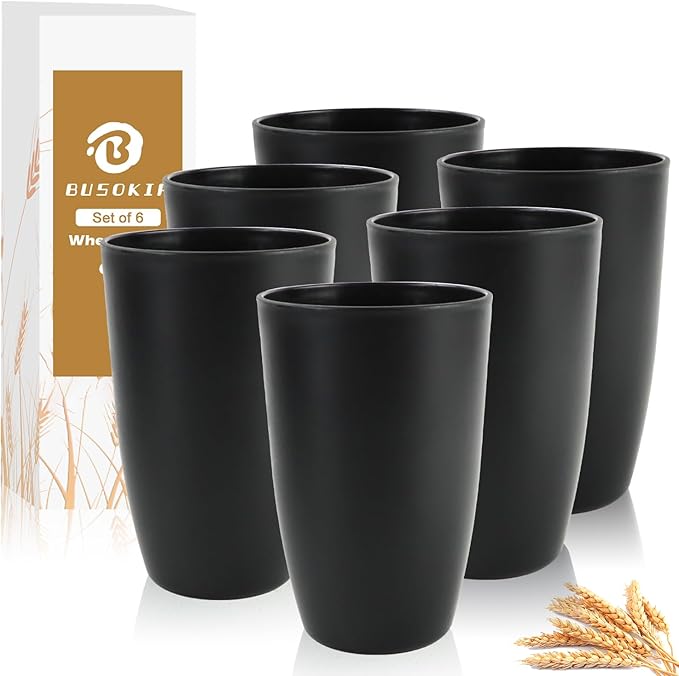 Wheat Straw Cups 20 OZ Set of 6, Unbreakable Drinking Cup Reusable, Alternative to Plastic Cups Reusable, Dishwasher Safe Drinking Glasses for Kitchen Water Tumblers (Black)