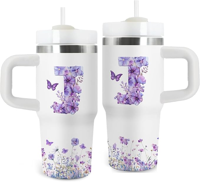 Letter J Tumbler Gifts, 14oz Letter J Themed Tumbler with Handle and Straw, Stainless Steel Double Wall Vacuum Insulated Cup Keep Hot Cold - 14oz Travel Mug with Lid Tumblers for Home Work Outdoor Use