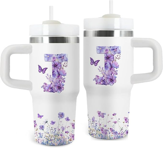 Letter J Tumbler Gifts, 14oz Letter J Themed Tumbler with Handle and Straw, Stainless Steel Double Wall Vacuum Insulated Cup Keep Hot Cold - 14oz Travel Mug with Lid Tumblers for Home Work Outdoor Use