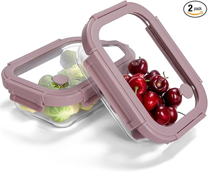 2-Pack Glass Food Storage Containers with Tempered Lids (21.3oz/2.7cup) - Airtight Snap Lock, Microwave & Oven Safe (-4℉~ 950°F), Freezer to Baking Dish, BPA-Free, Gift Box (Pink)