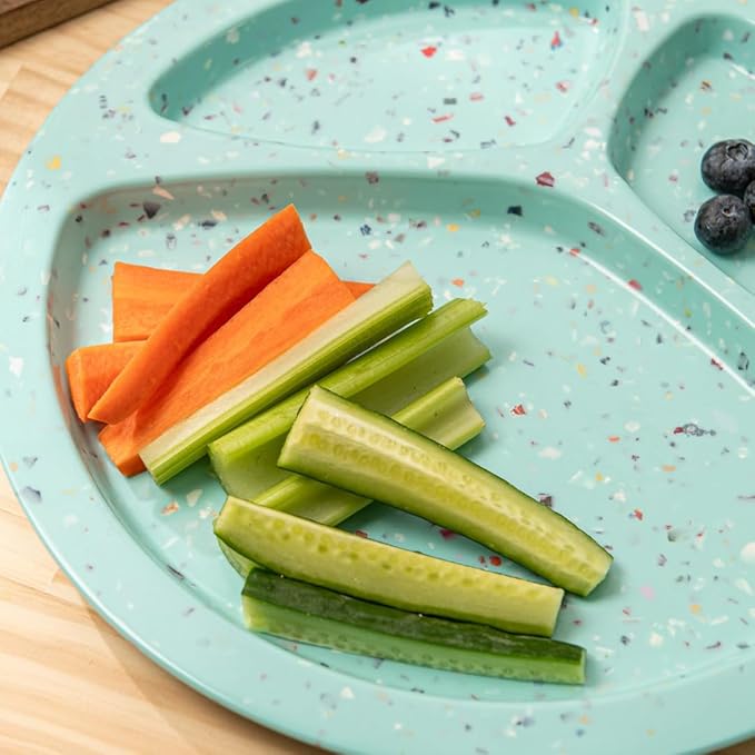 bzyoo 11-Inch Divided Green Set of 2 - Confetti Green BPA-Free, 100% Melamine Portion Control Plates Unbreakable, Dishwasher Safe Plates with Dividers for Weight Loss, Camping, BBQ Parties Fun