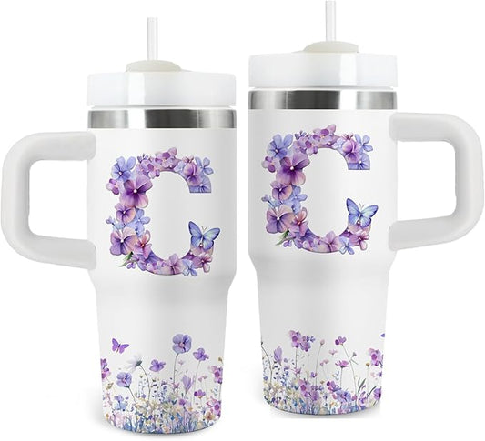 Letter C Tumbler Gifts, 14oz Letter C Themed Tumbler with Handle and Straw, Stainless Steel Double Wall Vacuum Insulated Cup Keep Hot Cold - 14oz Travel Mug with Lid Tumblers for Home Work Outdoor Use