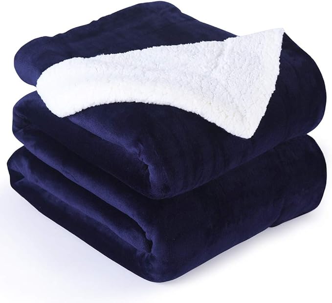 NANPIPER Couch Blanket Reversible Sherpa Flannel Blanket Ultra-Soft Plush Warm Fleece Microfiber (90"x90" Navy Blue) Queen