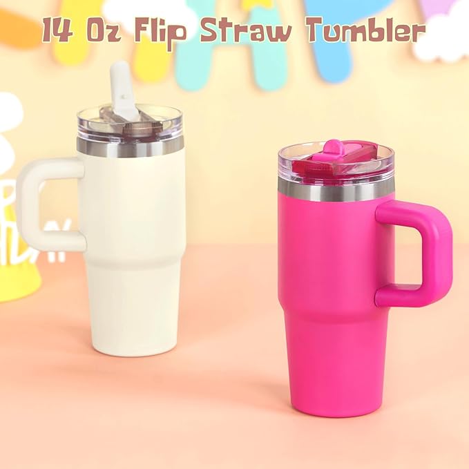 Cosictic 14 Oz Flip Straw Tumbler with Handle for Kids, Stainless Steel Double Wall Insulated Cup for Children with Flip Top Lid, 14 Oz Leak-proof Cups for Kids, Cream