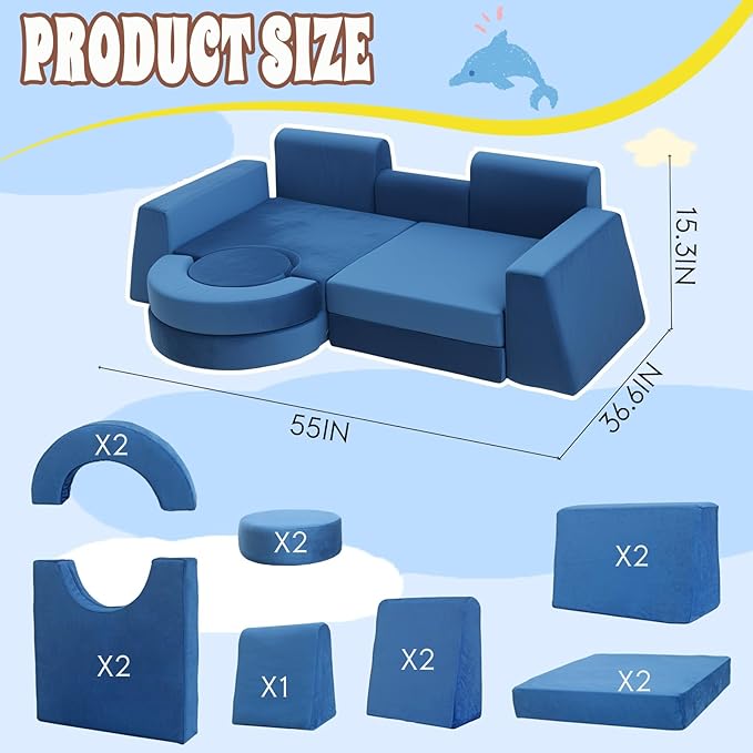 13Pcs Modular Kids Play Couch Toddler Couch Kids Sofa Playroom Furniture Convertible Foam and Floor Cushion Highly Elastic Foam for Boys and Girls (Blue)