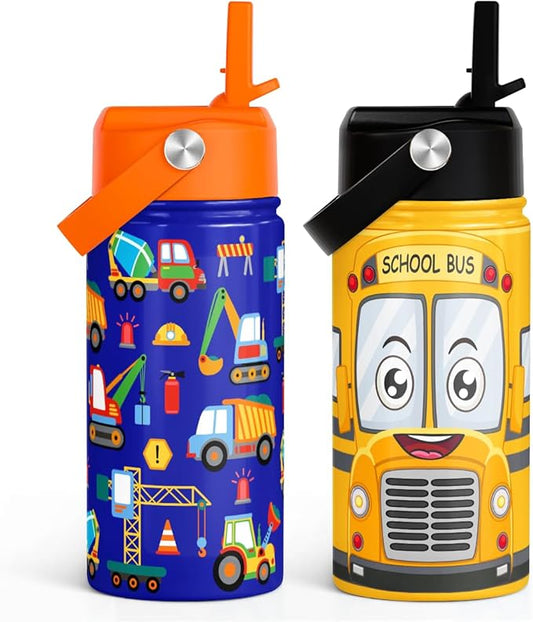 SANDJEST Kids Water Bottle with Straw Lid, Pack of 2 Insulated 12 Oz Stainless Steel Water Bottles for Boys, Travel Cup for School Sports, School Bus - Construction