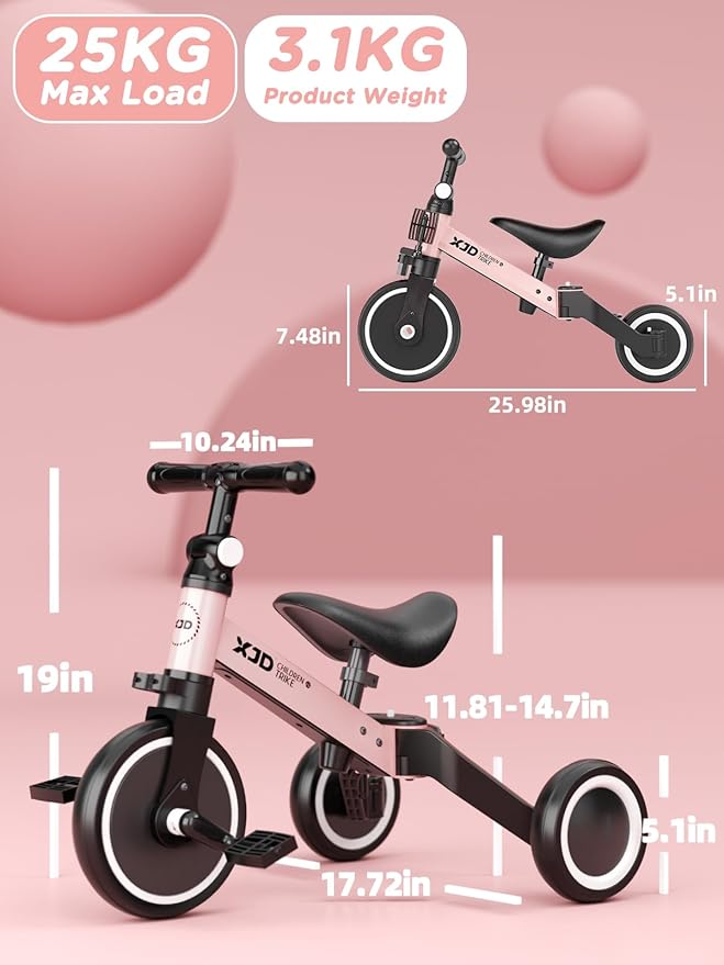 ﻿XJD 5 in 1 Toddler Bike, Tricycle for Toddlers 1-3 with Adjustable Seat Height, Removable Pedals, Ideal Balance Bike Birthday Gifts and Toys for Boys and Girls