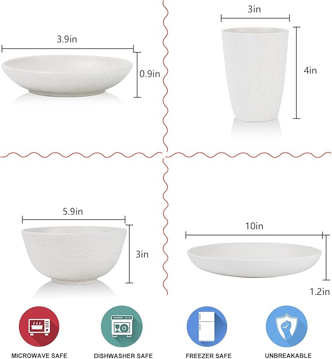 Wrova Wheat straw bowl and plate sets of 16 with cups - Unbreakable plastic dinnerware sets for kitchen - Microwave and Dishwasher safe dishes for kitchen,camping,indoors and out doors. White