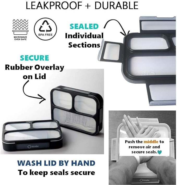 kinsho Bento Box with Insulated Lunch Bag and Ice Pack. Lunch Container with 3 Divided Leak-Resistant Compartments Perfect for Work or School, Adults Boys Kids, Black with Camo Bag