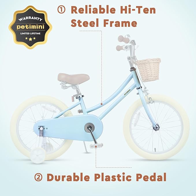 Petimini Girls Bike with Basket for 2-12 Years Old Kids, 12 14 16 18 20 Inch Bicycle with Bell Training Wheels Basket, Multiple Colors