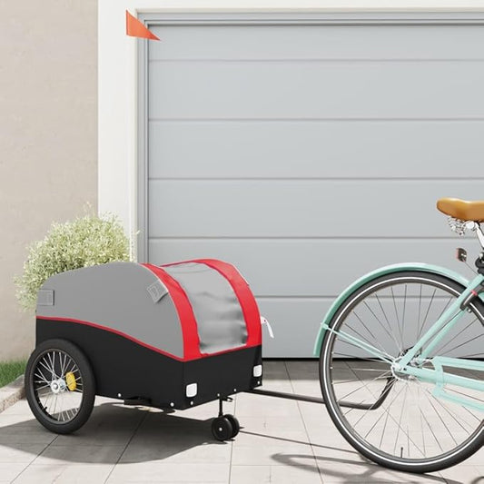 Bike Wagon Trailer, Bike Cart with Safety Flag, Bike Trailer Bicycle Cargo Trailer, Black and Red 99.2 lb Iron, 24.8"x49.6"x24.8"