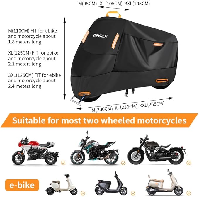Motorcycle Cover Waterproof Outdoor, 420D Heavy Duty, 3XL95in, All Season Protection, Windproof Clasps, Storage Bag, Night Reflective Design, Fits Motorcycles, 1-2 Bikes Ebikes