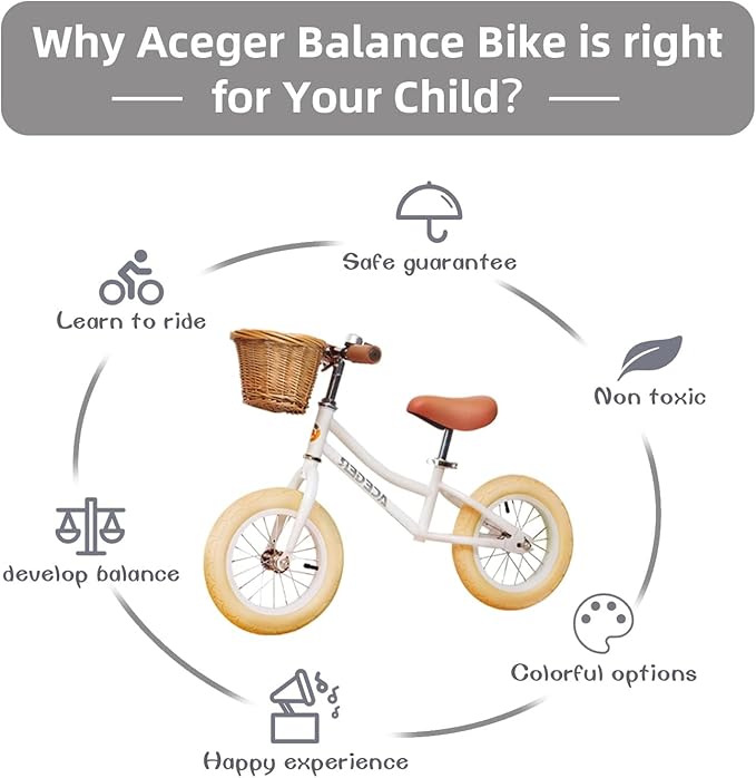 ACEGER 12" Kids Balance Bike with Basket, Toddler Bicycle for Early Learning Leg Strength and Steady Balancing, Durable Frame&Tool-Free Adjustable Seat, Gift Bike for 2-5 Kids, No Brake