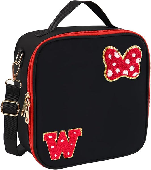 Preppy Initial Bow Mouse Lunch Bag, Kids Insulated Lunch Box Gifts for Teen Girls Daughter, Reusable Soft Lunch Containers Crossbody Cooler Bag Must Haves for Park Travel School Work Picnic Black W