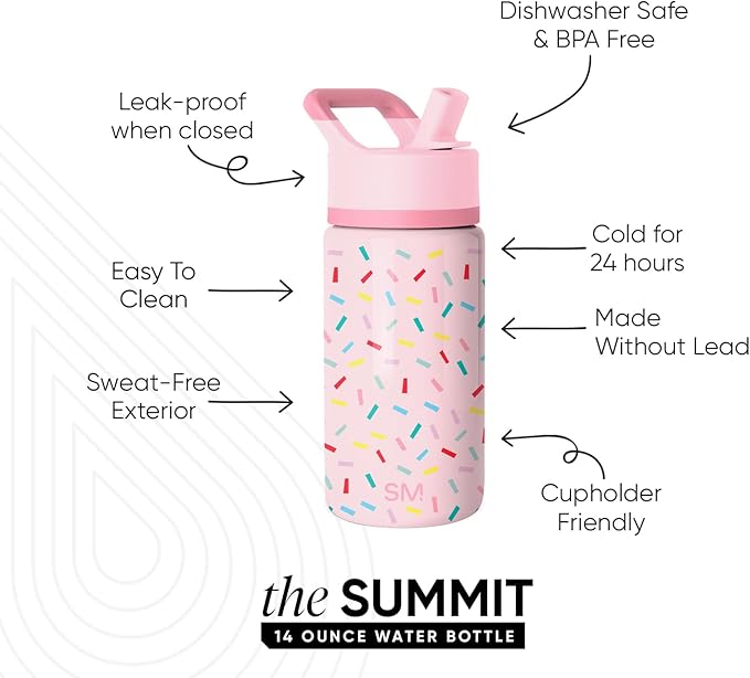 Simple Modern Kids Summit Water Bottle with Straw Lid | 14oz Stainless Steel Cup Insulated Tumbler for Toddlers, School | Confetti