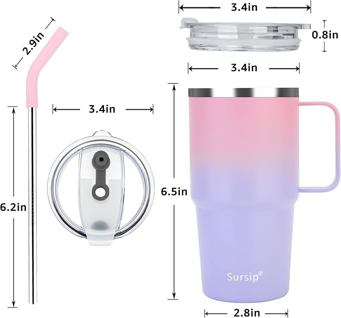 Sursip 24 oz Insulated Cup with Handle, Double Wall Vacuum Stainless Steel Tumbler with Straw and 2 Lids, For Cold/Hot Drinks, Coffee Travel Mug for Car/Home/Office/Party/Camping (Pink＆Purple-1 Pack)