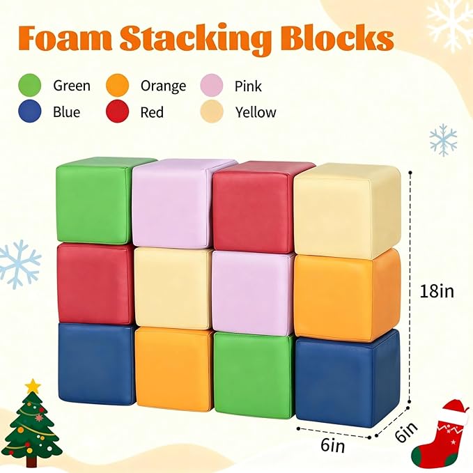 Foam Building Blocks for Toddlers：12-Pieces Wipeable Leather Stacking Cubes Kids - Large Soft Toys Play Set for Learning Construction Baby Preschool Daycare Therapy Birthday Gift (Rainbow)