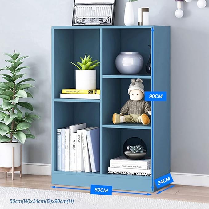 IOTXY Open Shelf Low Bookcase - Wooden 3-Tier Floor Standing Display Cabinet Organizer with Base, 5 Cubes Short Horizontal Bookshelf in Bright Blue