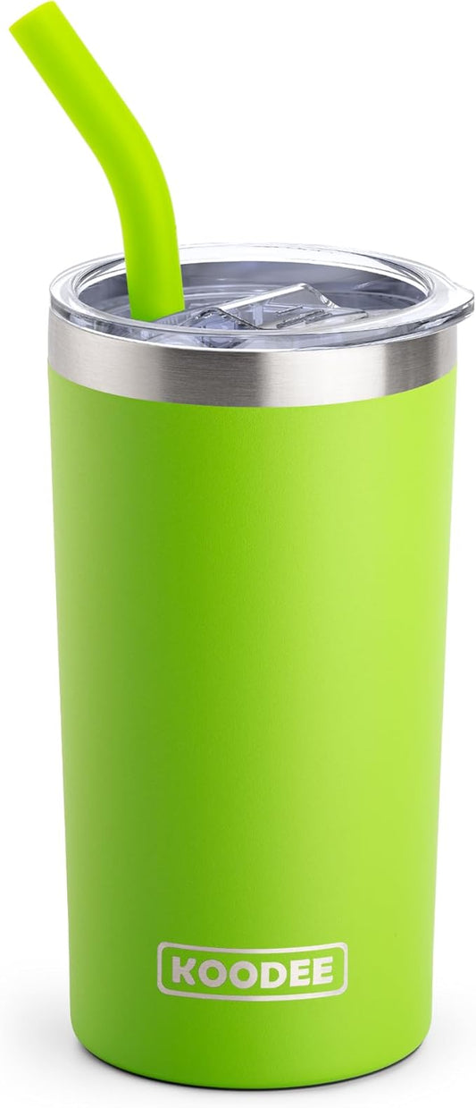 koodee Kids Tumbler with Straw-12 oz Skinny Tumbler Stainless Steel Double Wall Vacuum Insulated Cup with Spill Proof Lid, Sweat-Free(Apple Green)