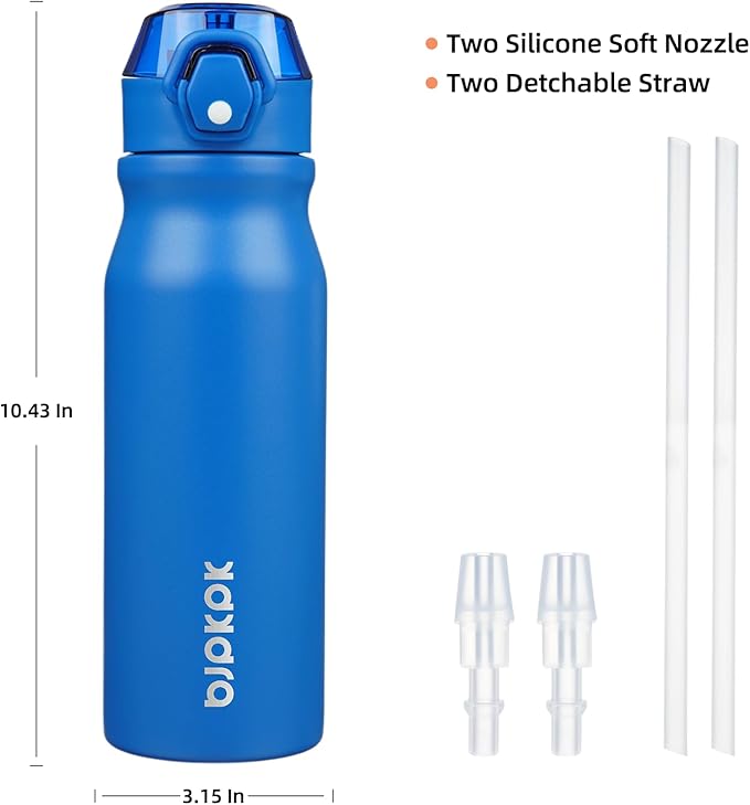 BJPKPK 25oz Insulated Water Bottle With Straw Stainless Steel Double Wall Water Bottles BPA Free Leak Proof Thermo With Lockable Flip Lid And Soft Silicone Spout,Blue