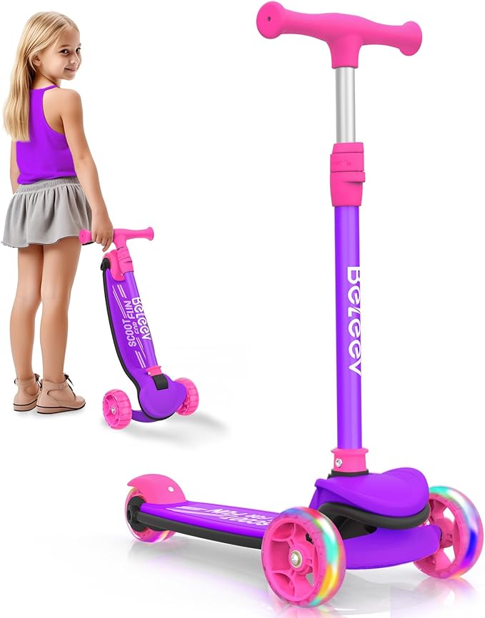 BELEEV A8 Scooter for Kids Ages 3-12, 3 Wheel Folding Scooter for Toddlers Girls Boys, LED Light-Up Wheels, 4 Adjustable Height, Lean to Steer, Extra Wide Wheels, Three Wheel Kick Scooter for Children