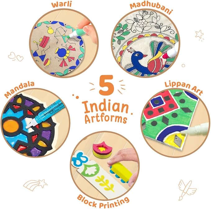 Imagimake Indian Art Forms- Arts and Crafts for Kids Ages 8-12, Learn 5 Indian Art Forms-Madhubani, Warli, Lippan, Mandala & Block Printing Arts, DIY Craft Kit for Girls & Boys- Gift for Kids