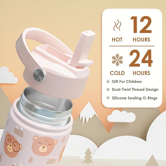 Bear Kids Water Bottle With Straw Lid 12oz Insulated Stainless Steel, Travel Tumbler, Bear Gifts For Boys Girls, Birthday, Christmas, Back To School