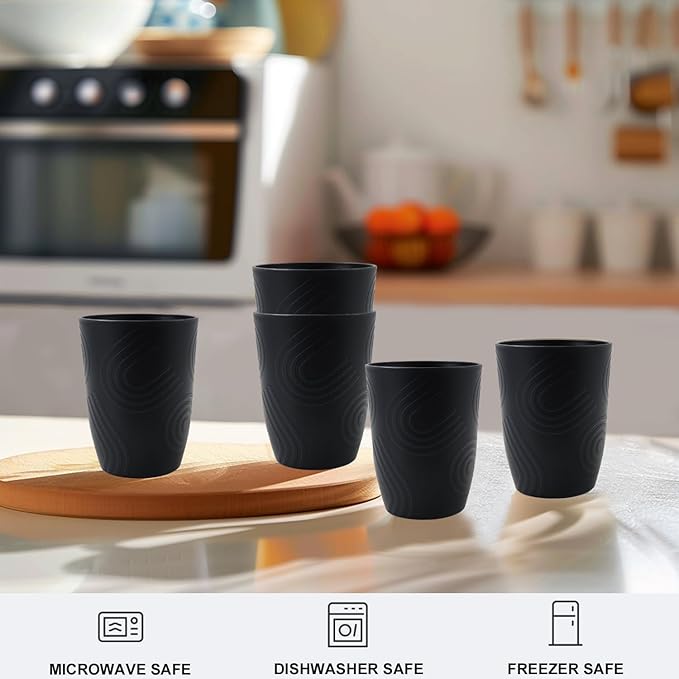 6 Pack Wheat Straw Cups 12 oz, Plastic Cups Reusable Drinking Cup, Small Kids Cup, Unbreakable Water Cup Set Dishwasher Safe for Kitchen, Camping, School (Black)