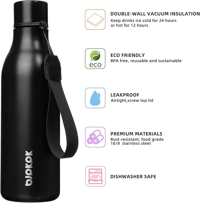 BJPKPK Insulated Water Bottles, 18 oz Stainless Steel Metal Water Bottle with Strap, BPA Free Leak Proof Thermo, Mugs, Flasks, Reusable Water Bottle for Sports & Travel, Black
