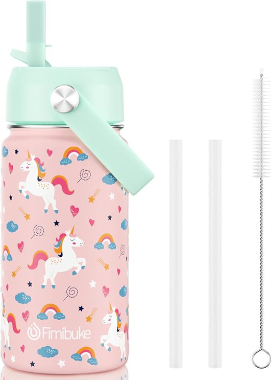 Fimibuke Kids Insulated Water Bottle, 14oz BPA FREE 18/8 Stainless Steel Travel Tumbler Double Wall Vacuum Leak Proof Kids Cup with Straw Metal Water Bottle for School Boys Girls(1 Pack, UNICORN)