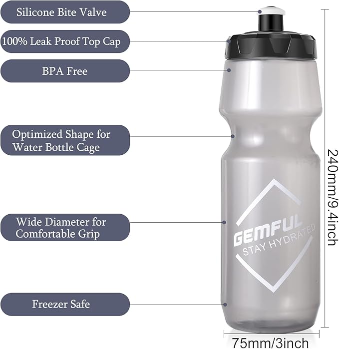 GEMFUL Cycling Water Bottle BPA Free Reusable Bike Gym Fitness Clear Squirt Squeeze Bottles Sports Leakproof Bicycle Workout 24oz 2 Pack