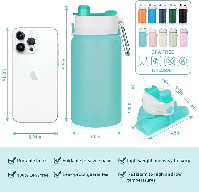 PLTCAT Collapsible Foldable BPA Free Reusable Lightweight Leak-Proof Travel Silicone Water Bottle for Travel, Gym, Hiking, Office, Camping