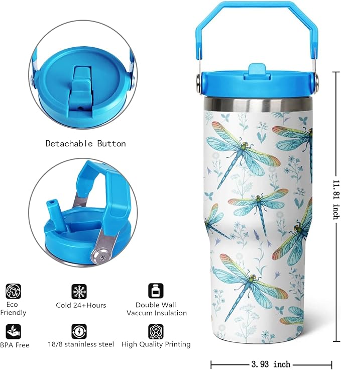 30 oz Dragonfly Tumbler With Lid and Straw,Dragonfly Reusable Water Bottle Cups Coffee Mug Travel Tumbler,Dragonfly Gifts for Women,Dragonfly Ornament, Stuff, Accessories