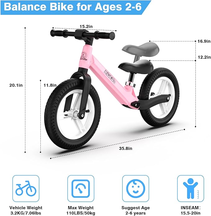 Ridego 12 Inch Balance Bike for Kids 2-4 Year Old,Lightweight Kids Bike with Adjustable Seat, Push Bicycle with Air Rubber Tires，Ride-on Toys Birthday Gift