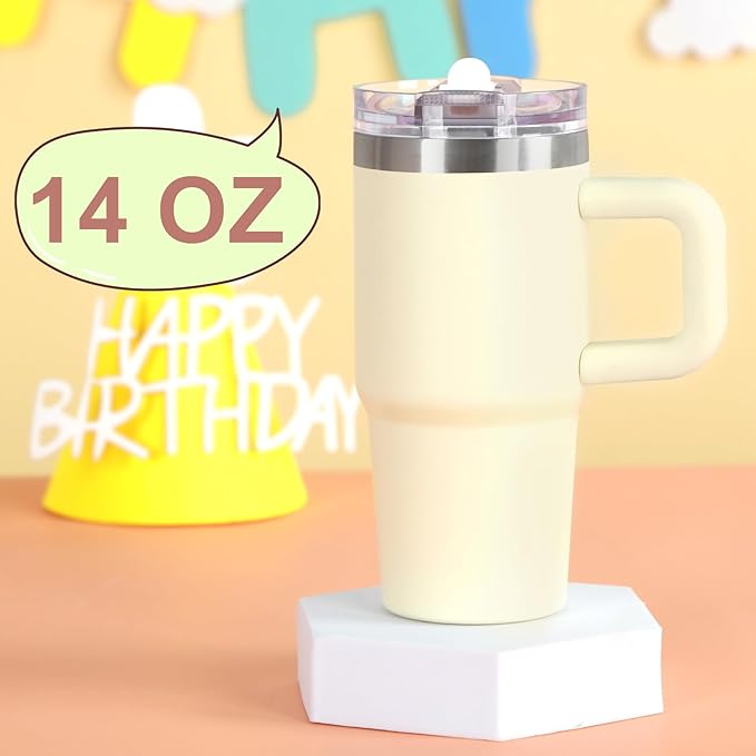 Cosictic 14 Oz Flip Straw Tumbler with Handle for Kids, Stainless Steel Double Wall Insulated Cup for Children with Flip Top Lid, 14 Oz Leak-proof Cups for Kids, Cream