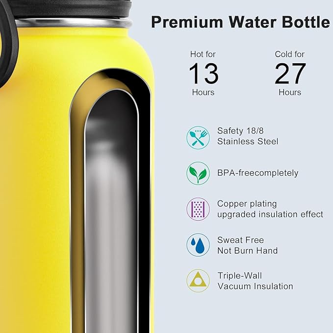 koodee Insulated Water Bottle, 32 oz Stainless Steel Double Wall Vacuum Wide Mouth Sport Bottle with Leakproof Spout Lid (Yellow)