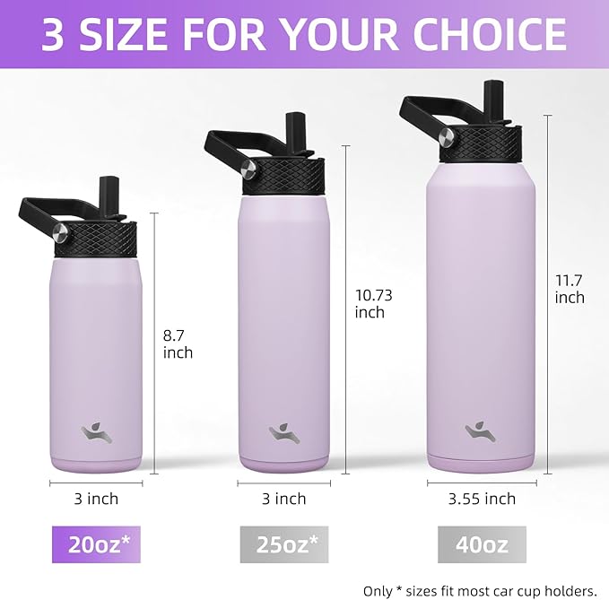 20oz Insulated Stainless Steel Water Bottle with Straw and 3 Lids, BPA-Free Sports Water Bottle,travel water bottle,Taro Purple