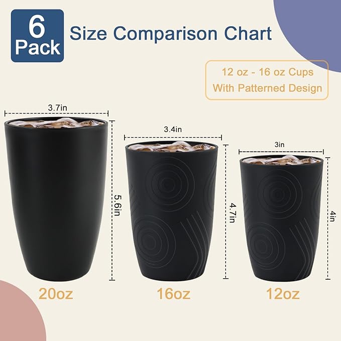 Wheat Straw Cups 6 PCS - 16 OZ Drinking Glasses, Unbreakable Drinking Cup, Water Tumbler for Kitchen, Alternative to Plastic Cups Reusable Microwave and Dishwasher Safe (Black, Grey)