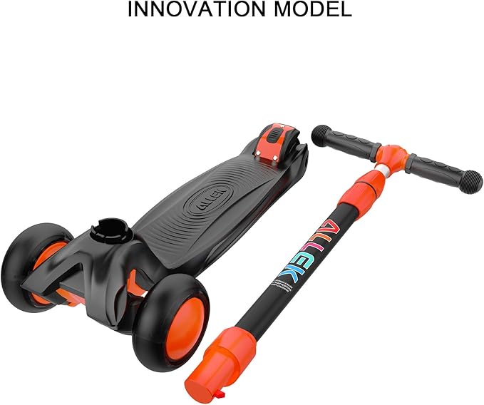 Allek Kick Scooter B03, Lean 'N Glide 3-Wheeled Push Scooter with Extra Wide PU Light-Up Wheels, Any Height Adjustable Handlebar and Strong Thick Deck for Children from 3-12yrs (Black-Red)