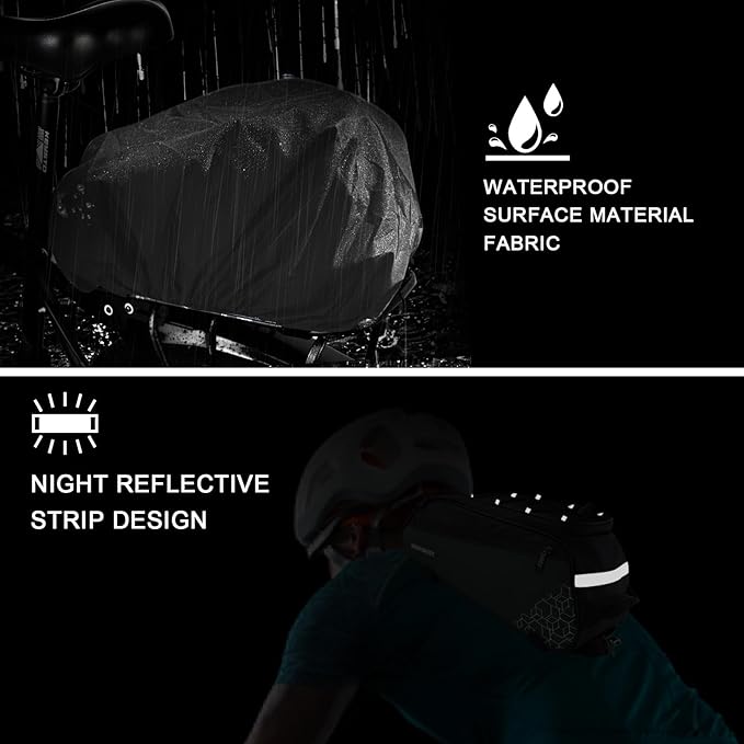 Bike Rear Rack Bag,9L PVC Waterproof Bike Trunk Bag for Road and Mountain Bikes,Bicycle Rear Seat Bag with Rain Cover Bike Saddle Bag for Cycling Trip (Pure Black)