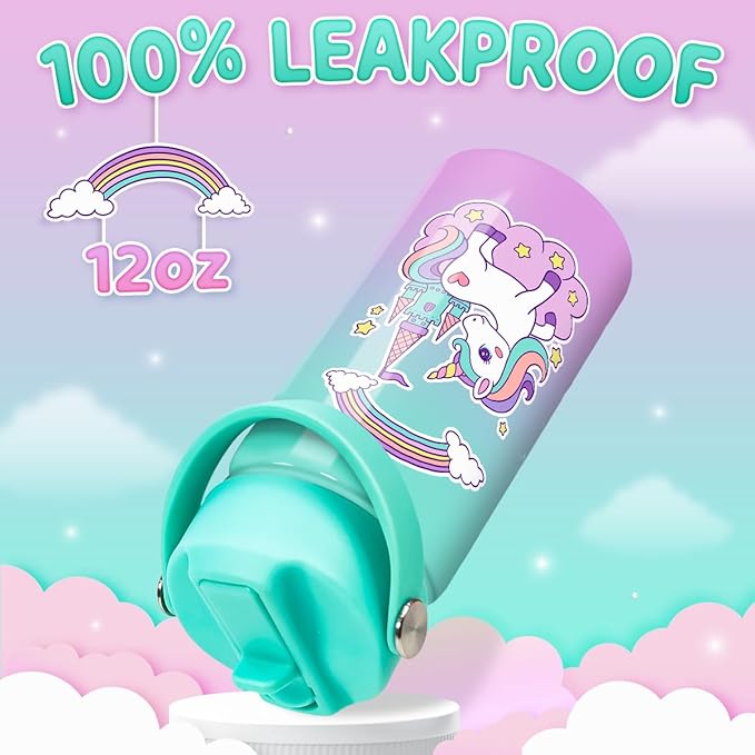 Unicorn Water Bottle - Kids Water Bottle with Straw Lid - 12 Oz Insulated Stainless Steel Ocean Water Bottles for Kid Girl- Travel Cup for School Sports