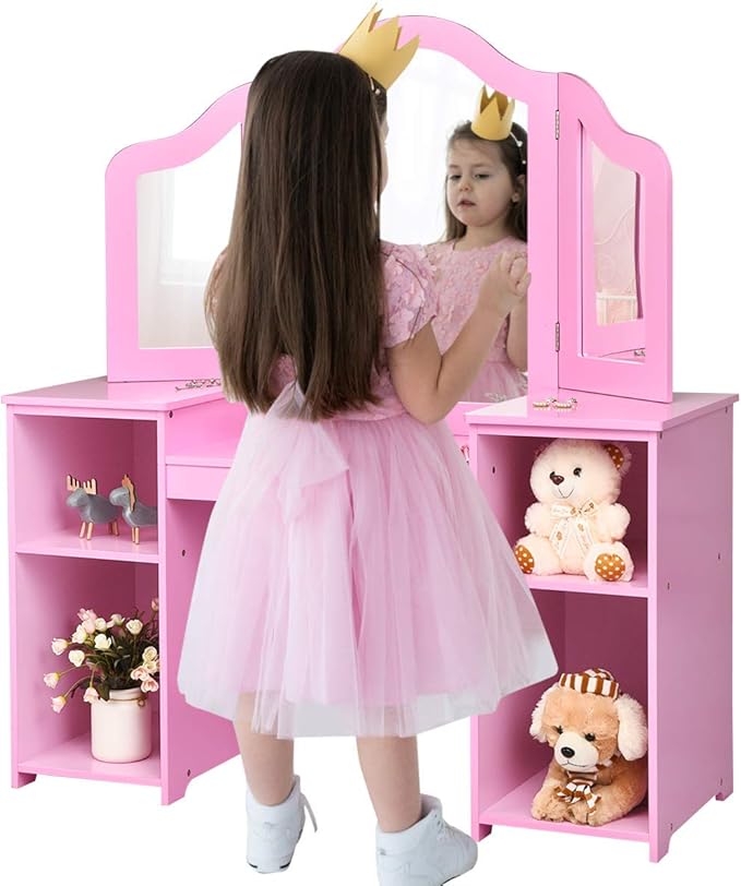 Costzon Kids Vanity, 2 in 1 Princess Makeup Desk Dressing Table with Detachable Top, Toddler Vanity with Tri-fold Mirror & Storage Shelves, Vanity Set for Little Girls, Pink
