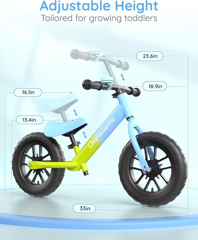 Lilian&Gema Toddler Balance Bike Colorful Lighting, 12'' Kids Balance Bike for 2-5 Years Old with Adjustable Seat & Handlebar, Toddler Gift Bike Suitable for Boys and Girls Ages 2 3 4 5