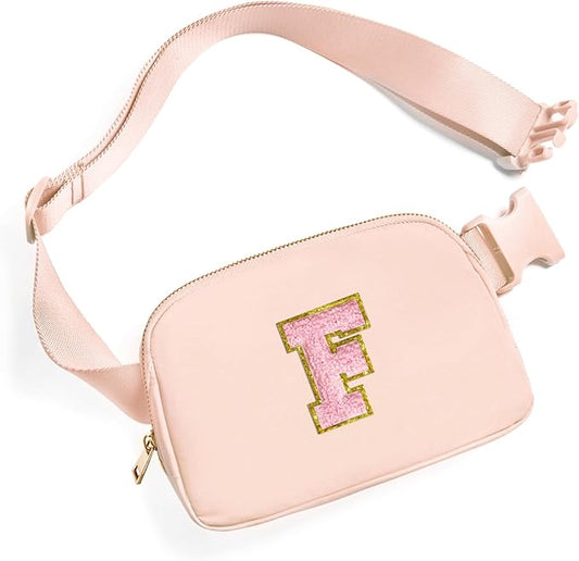 Gitus 6 7 8 9 10 Year Old Girl Gifts Belt Bag Fanny Pack Crossbody Bags with Initial Letter Patch Things for Teen Girls Easter Gifts for Girls Travel Essentials（Coral Pink-F）