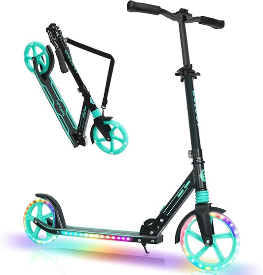 BELEEV V5 Plus Scooters for Kids Ages 6+, Teens with Light-Up Wheels & Deck, 2 Wheel Folding Lightweight Sport Scooter with 4 Adjustable Height, 8-inch Big Wheels, Carry Strap, Max Load 220 lbs