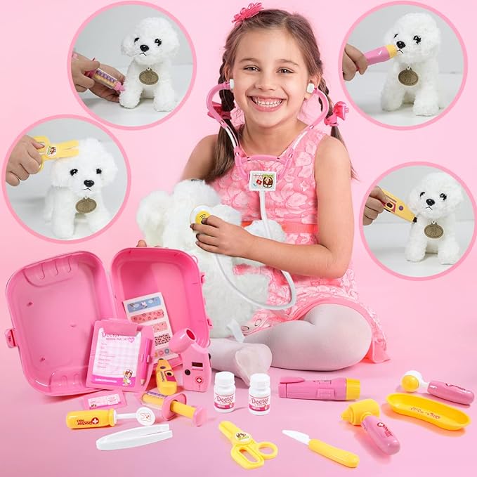 Meland Toy Doctor Kit for Girls - Pretend Play Doctor Set with Carrying Case,Stethoscope Toy & Dress Up Costume - Doctor Play Set for Girls Toddlers Ages 3 4 5 6 Year Old for Role Play Gift