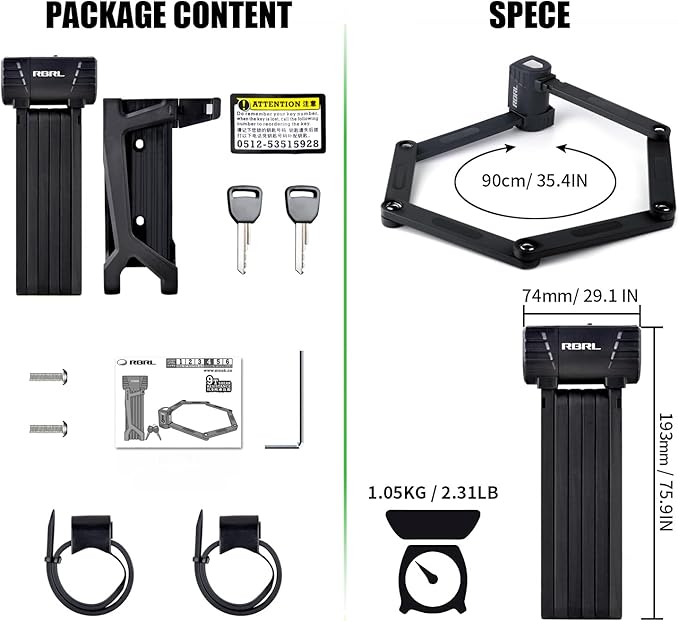 RBRL Bicycle Lock, 2.95 Ft Folding Locks, Heavy Duty Anti-Theft Chain Lock With Keys and Case for Bikes, E-Bikes or Scooters