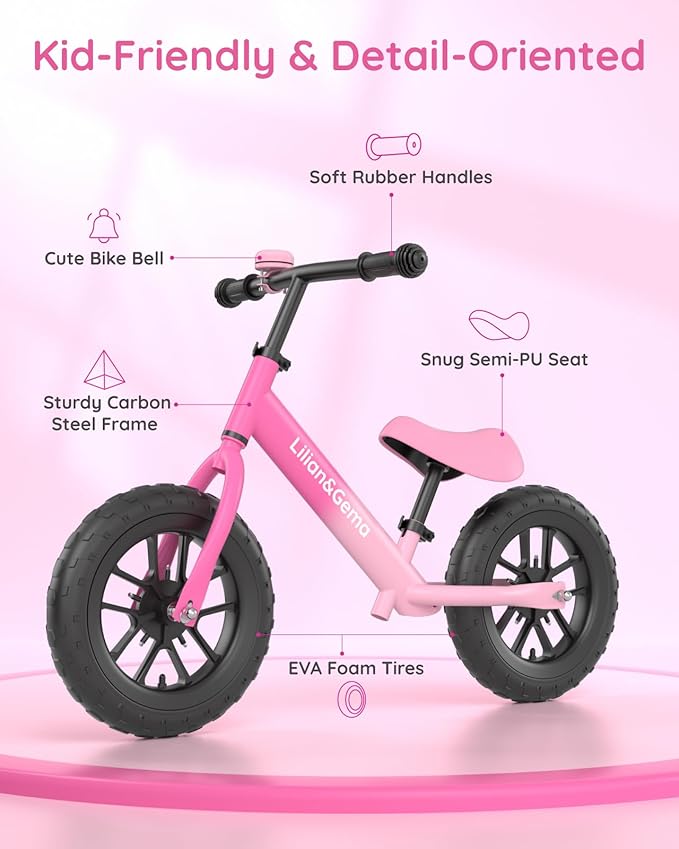 Lilian&Gema Toddler Balance Bike Colorful Lighting, 12'' Kids Balance Bike for 2-5 Years Old with Adjustable Seat & Handlebar, Toddler Gift Bike Suitable for Boys and Girls Ages 2 3 4 5