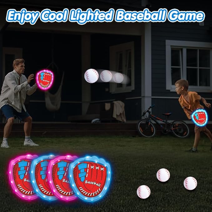 VATOS Toss and Catch Ball Game Set, 6 Sticky Balls & 4 Baseballs Training Glove with LED Light, Outdoor Toys Backyard Garden Lawn Games Sports for Kids Boys Girls 3-12