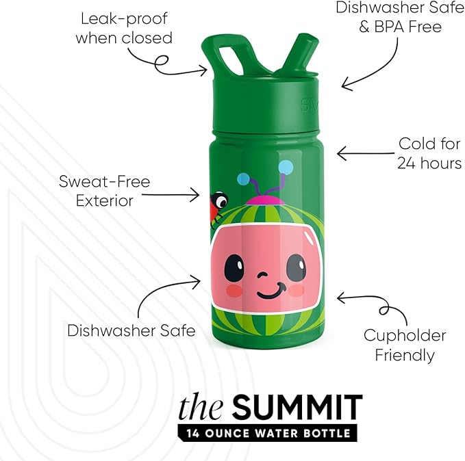 Simple Modern Kids Summit Water Bottle with Straw Lid | CoComelon 14oz Stainless Steel Cup Insulated Tumbler for Toddlers, School | CoComelon Watermelon